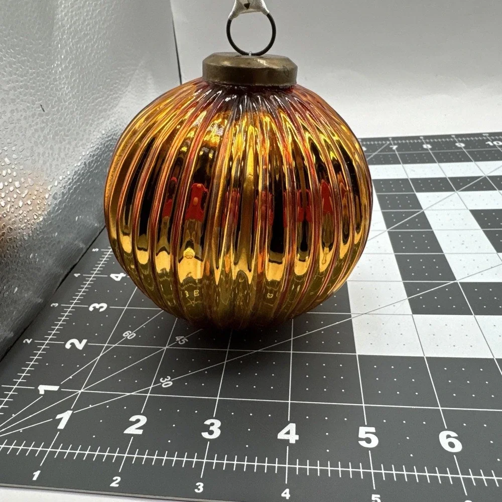 Vintage Kugel Glass Ornament Gold Ribbed Pumpkin Shape Mercury  Glass‎